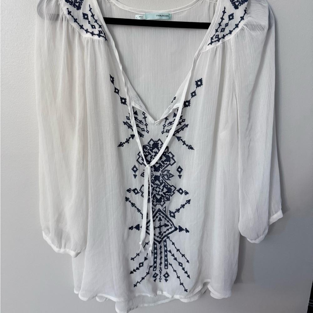 Maurice’s Ivory Blouse with Dark Blue Embroidery see through size L